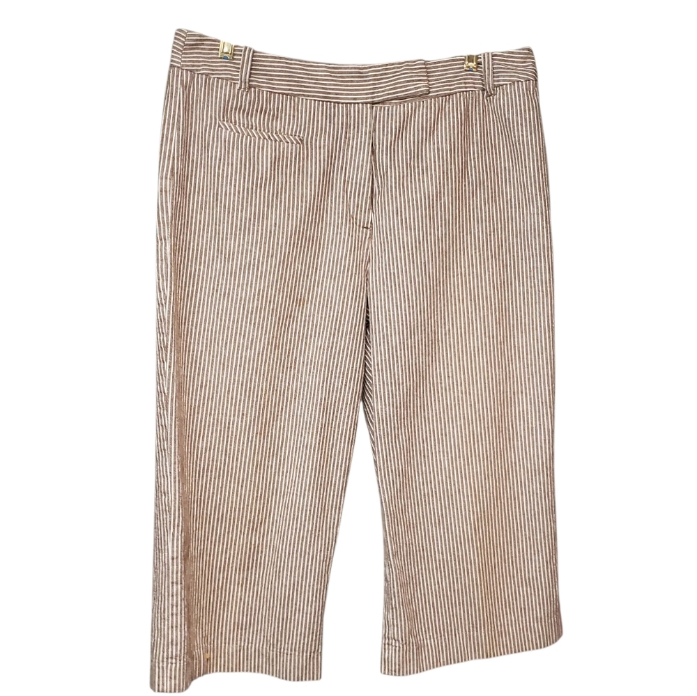 Sandro Cropped Pants Wider Leg Women's Size 16 Cotton Brown White Striped